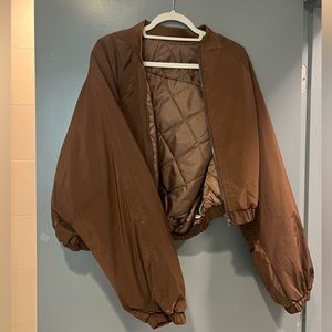 brown oversized cropped bomber jacket